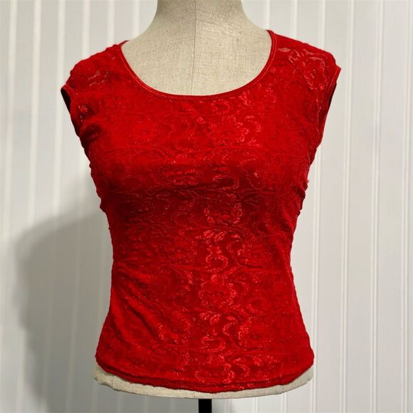 G.A.S Tops - Vintage 90s G.A.S. Red Lace Top M Cap Sleeve Made in USA Y2K Coquette Valentine